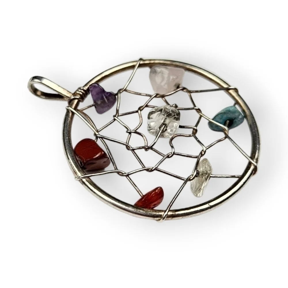Dreamcatcher Pendant Colorful Gemstone Chip Silver Tone Wire Wrapped Vtg 1 5/8